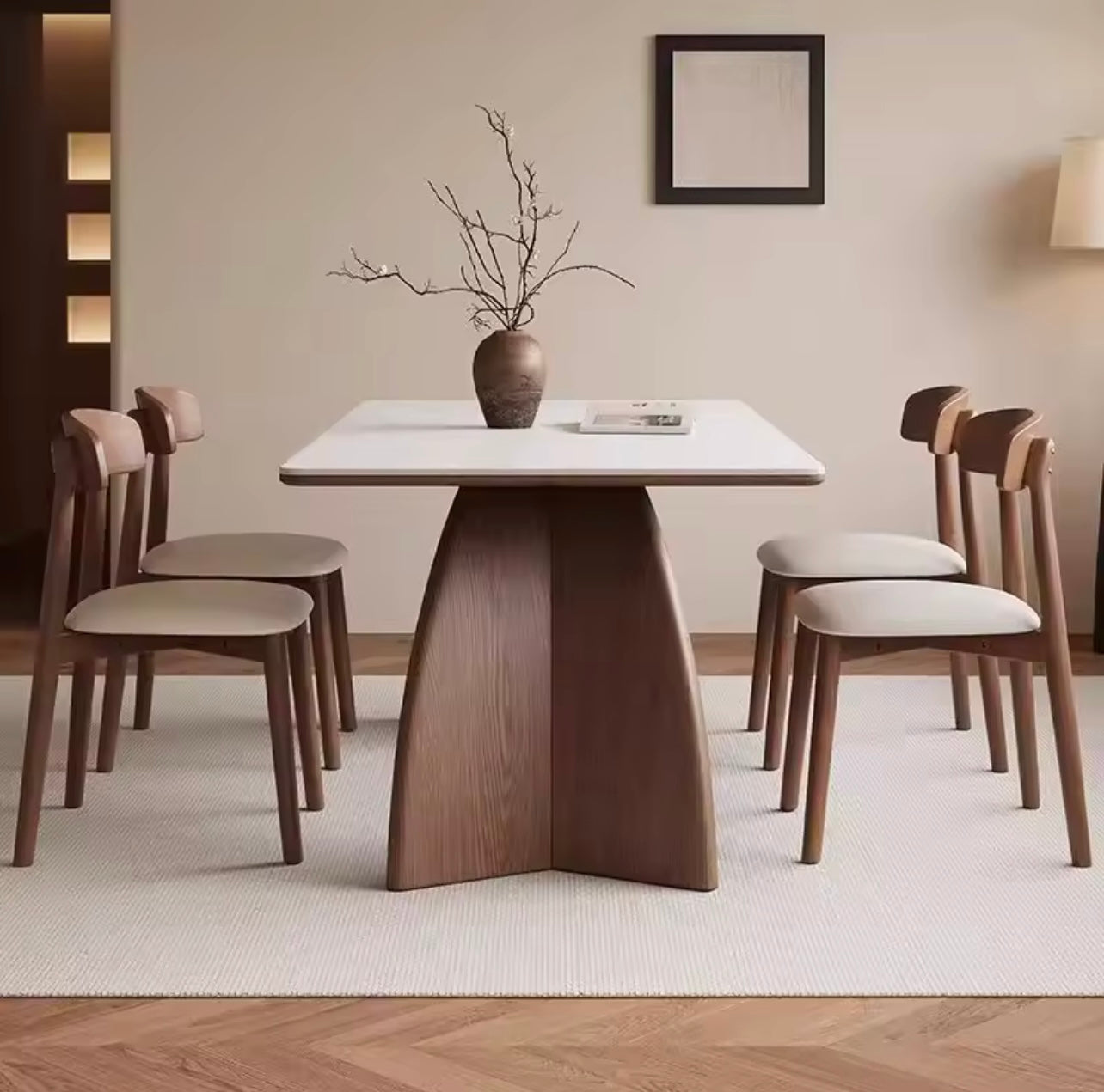 Rock Slab Dining Table with Solid Wood Base and 4 or 6 Chairs