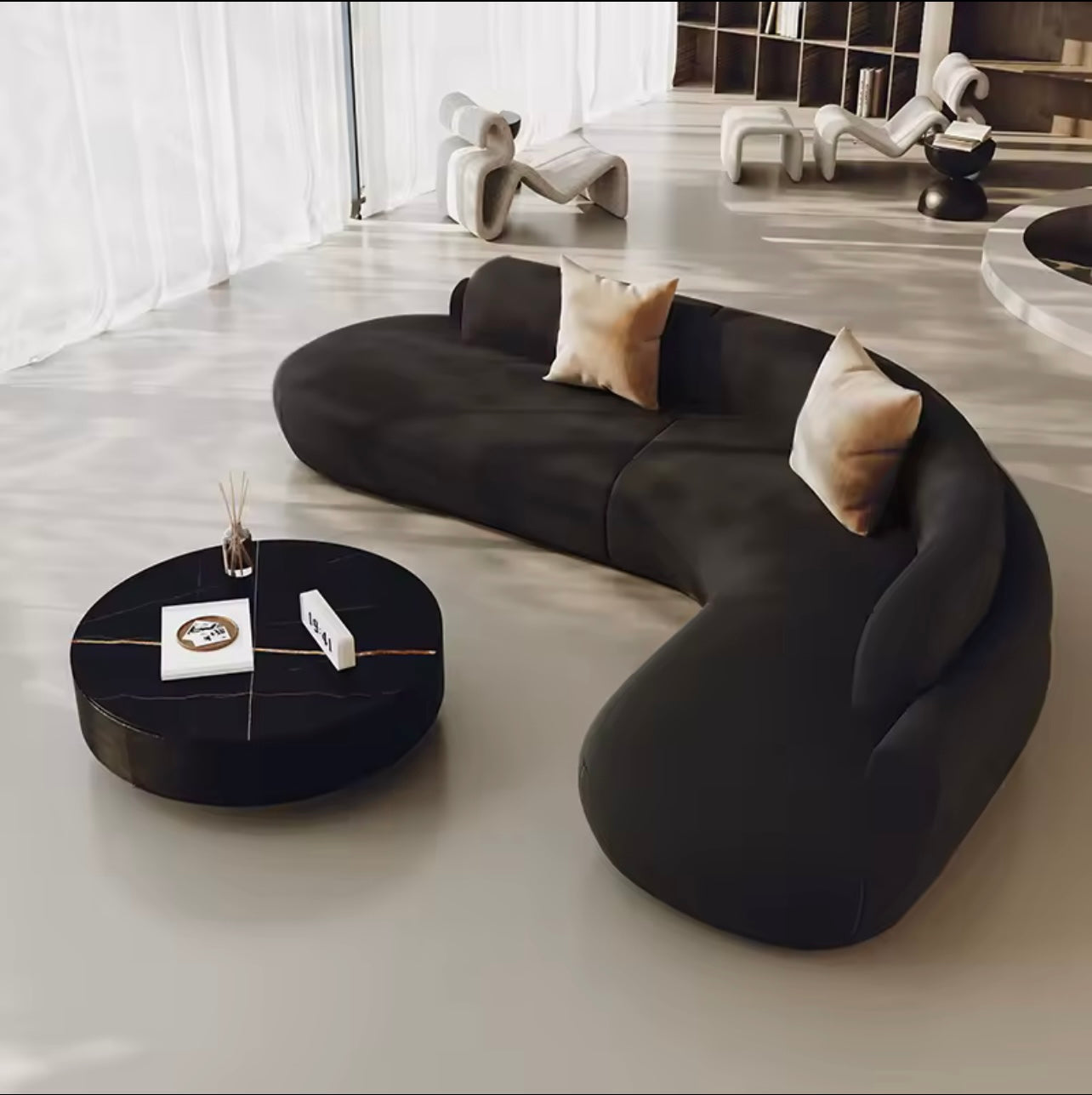Black Ergonomic Matte Velvet Curved Corner Sofa