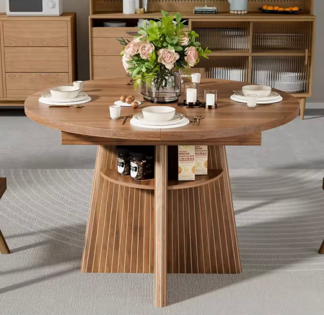 Extendable Round Dining Table with Storage Shelves for 4-8, Walnut