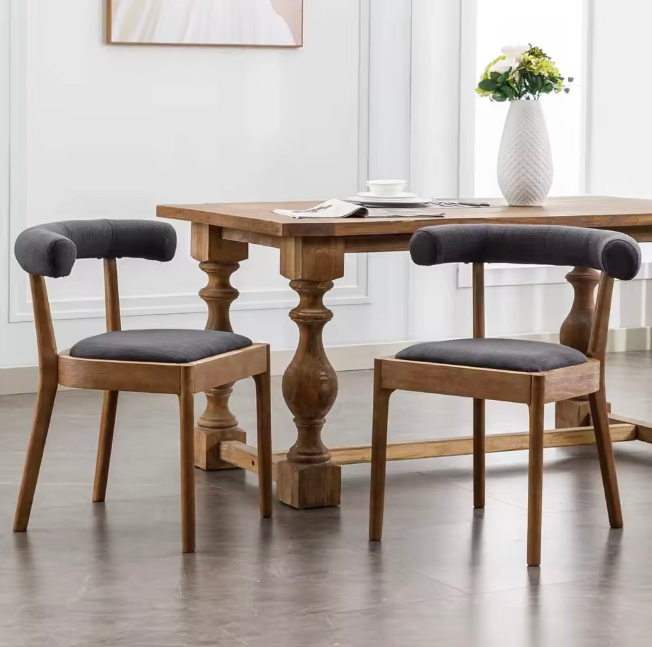 Set of 2 Upholstered Mid Century Linen Dining Chairs