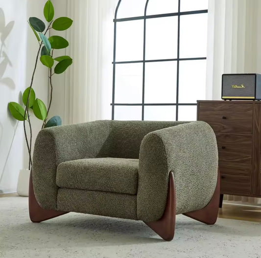 Green Accent Chair, Boucle Fabric Upholstered Club Chair