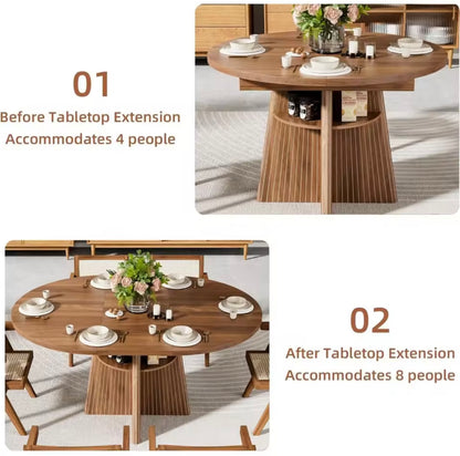Extendable Round Dining Table with Storage Shelves for 4-8, Walnut