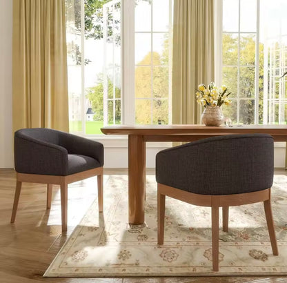 Beige Mid-Century Linen Upholstered Dining Chairs with Curved Backrest