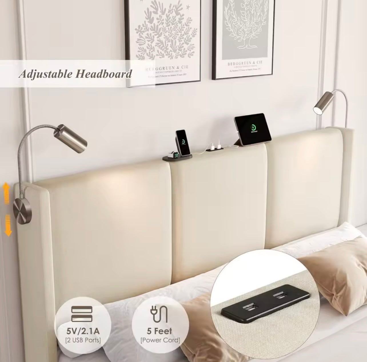 Full Size Storage Bed with Charging Station & Adjustable Headboard