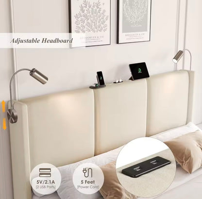 Full Size Storage Bed with Charging Station & Adjustable Headboard