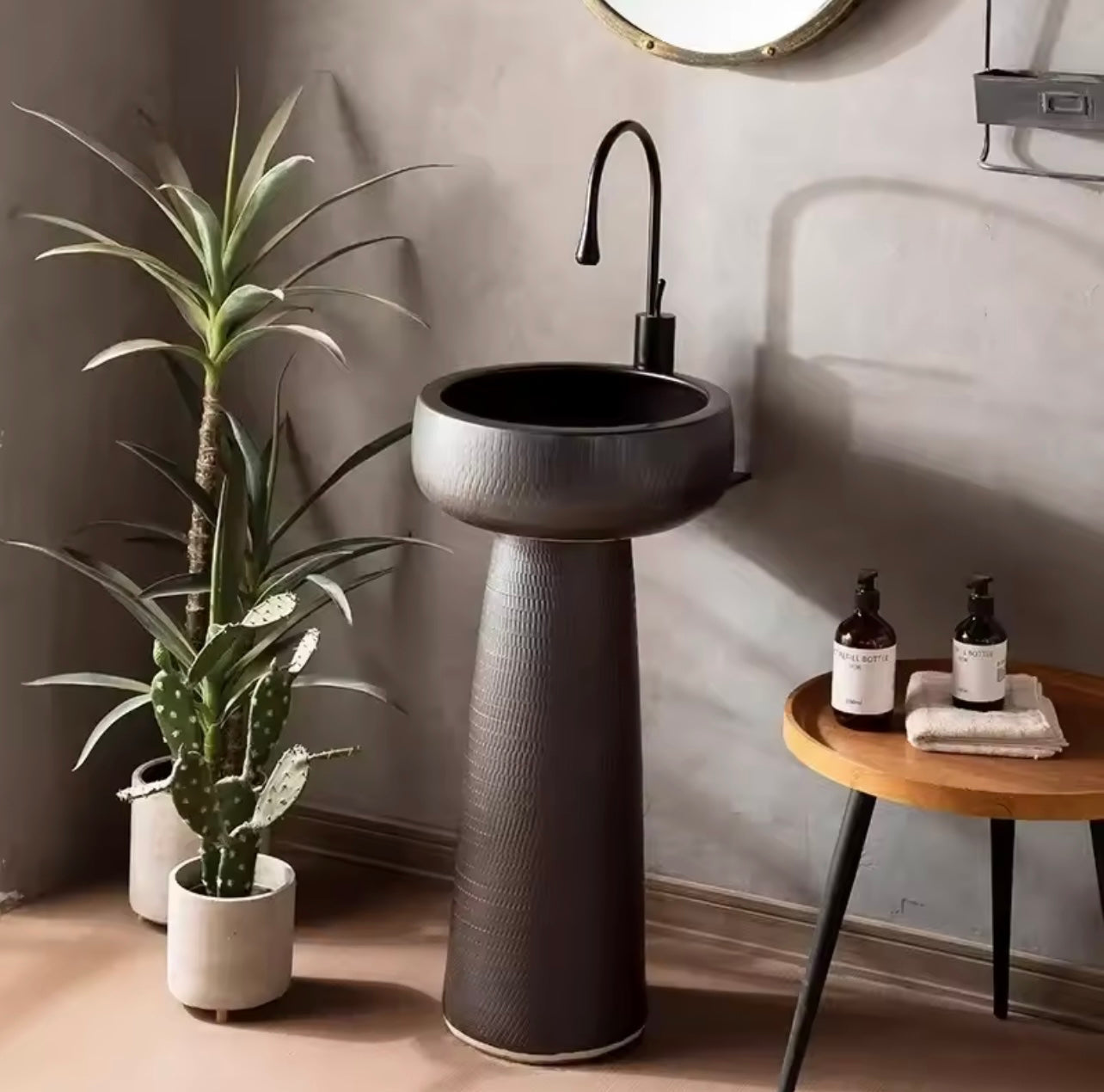 Black Ceramic Column Wash Basin, Outdoor & Bathroom Pedestal Sink