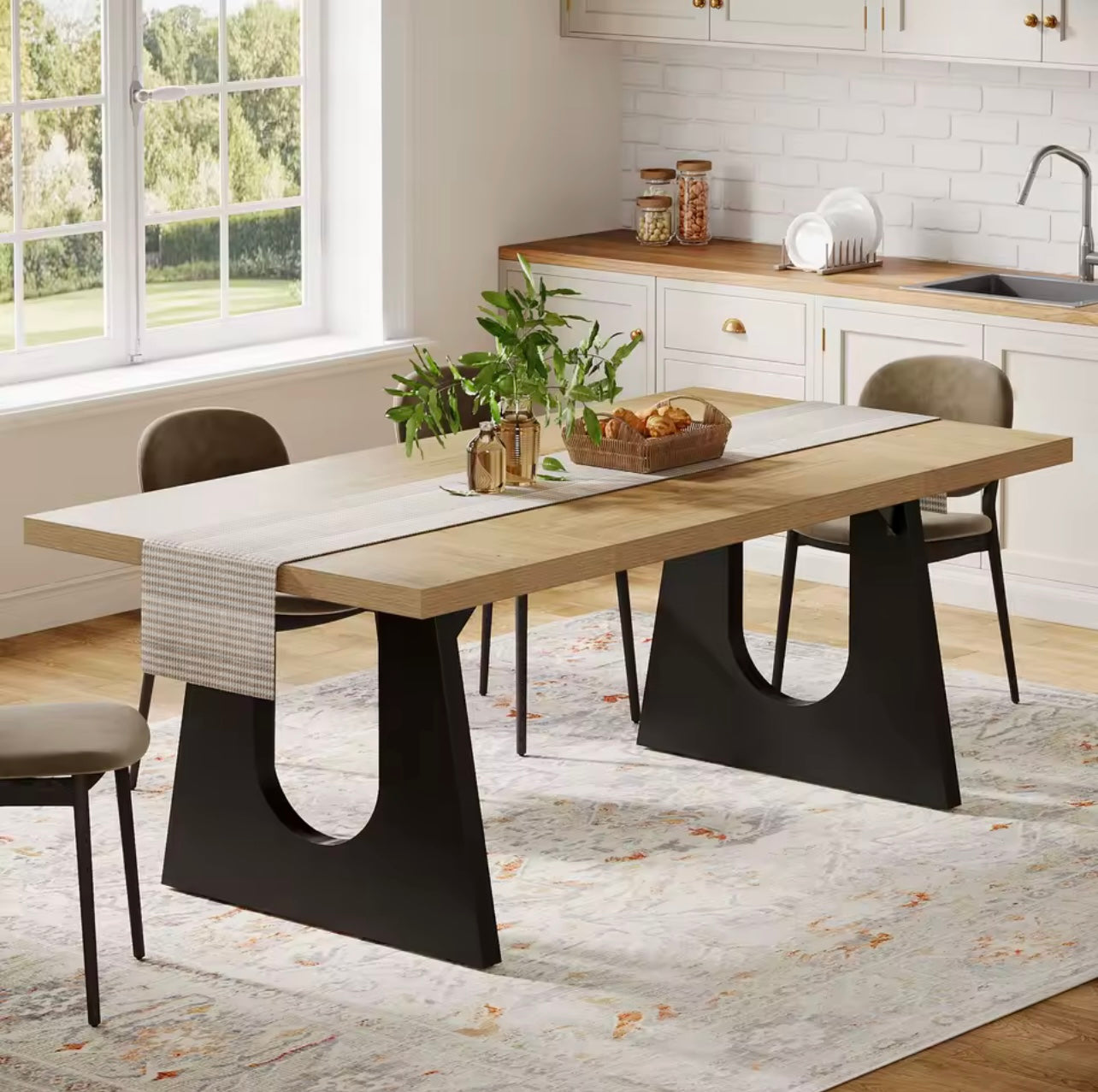 70.9” Oak and Black Large Modern Dining Table for 6-8 People