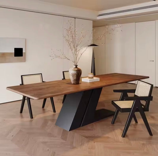 Longboard Spliced Top Dining Table with Carbon Steel Legs, Walnut