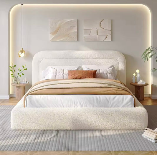 Cloud Boucle Upholstered Bed Frame with Rounded Anti-Collision Corners