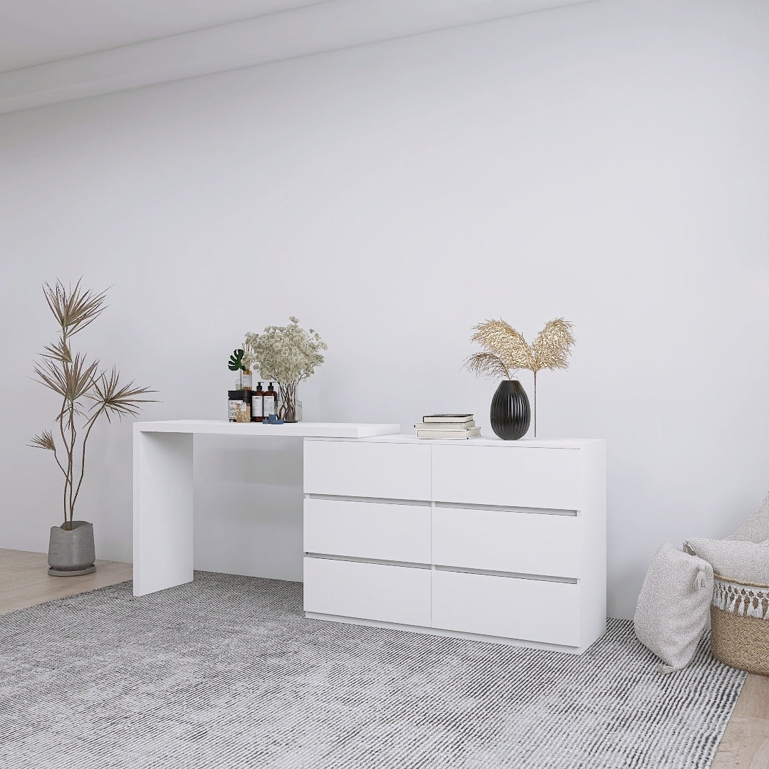 White 6-Drawer Dressing Table with Extended Top
