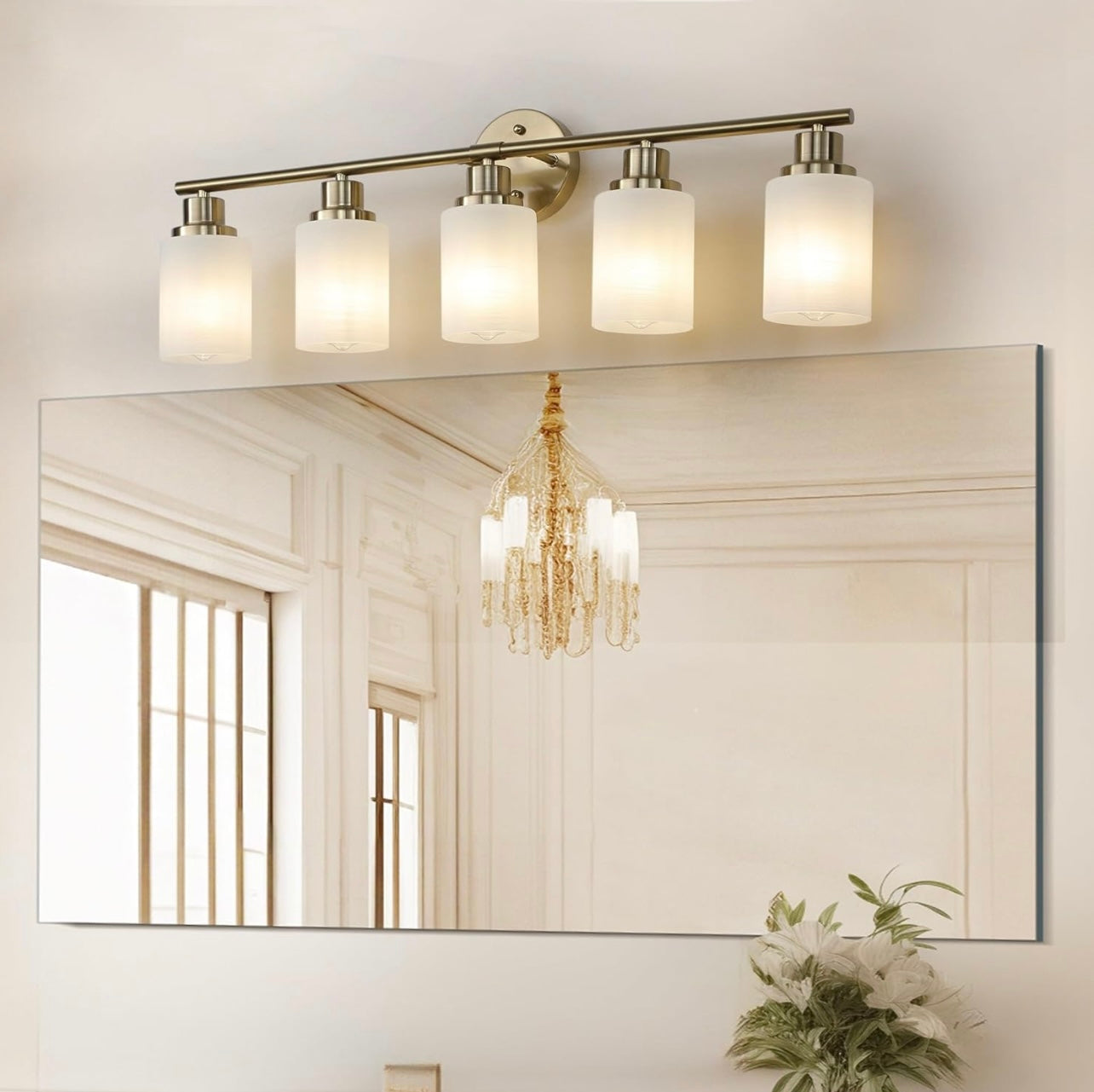 5 Gold Vanity Lamp – Frosted Glass Bathroom Fixture