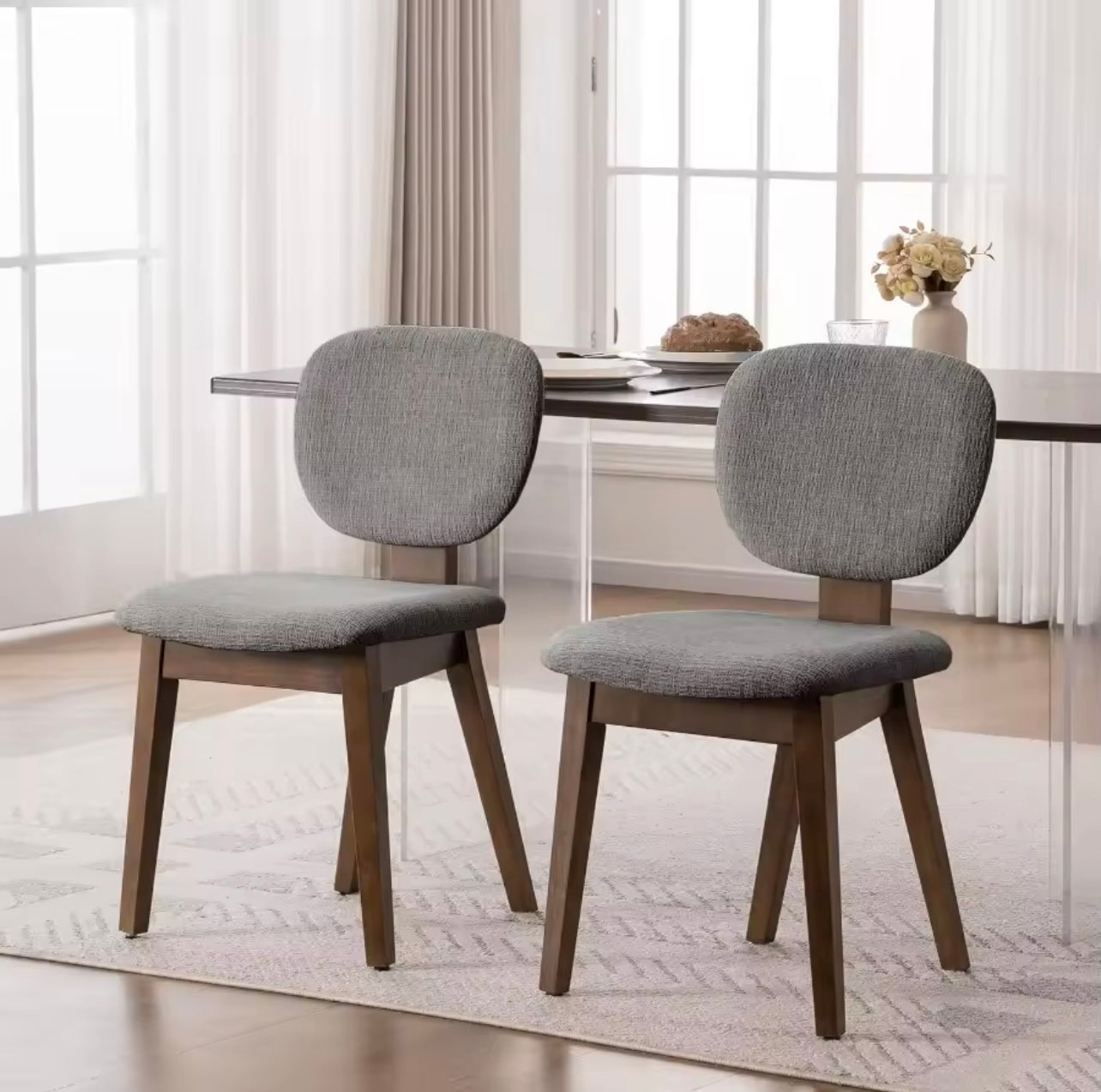 Set of 2 Chenille Upholstered Mid Century Dining Chairs