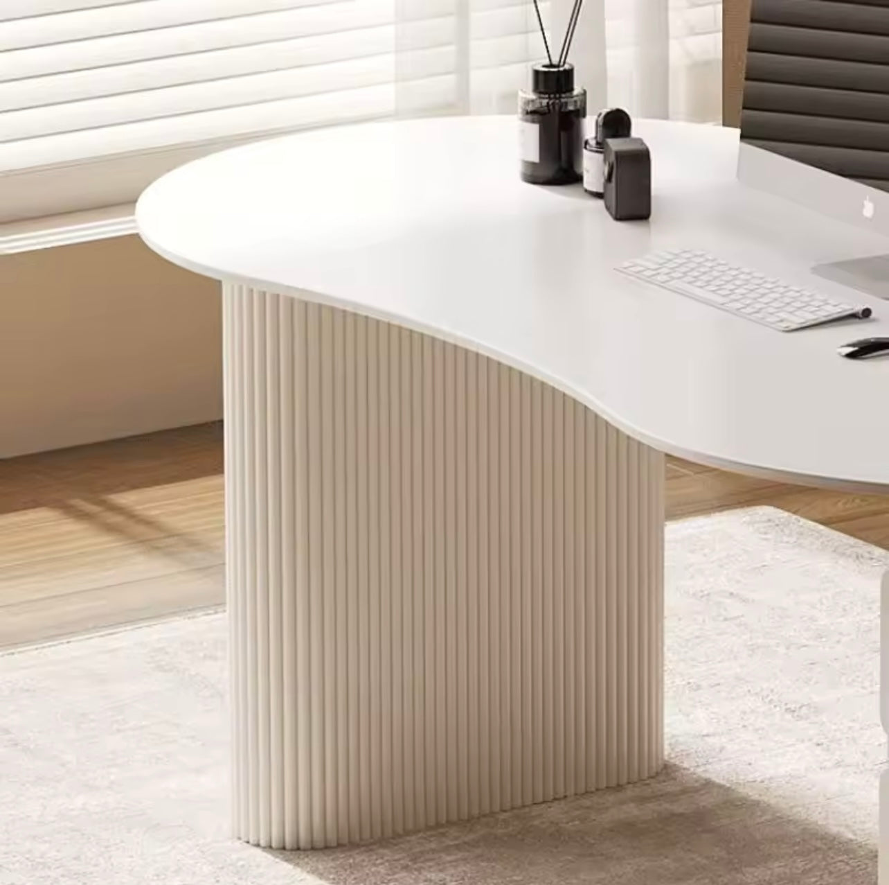 French Cream Minimalist Desk, Home Office Table with Storage