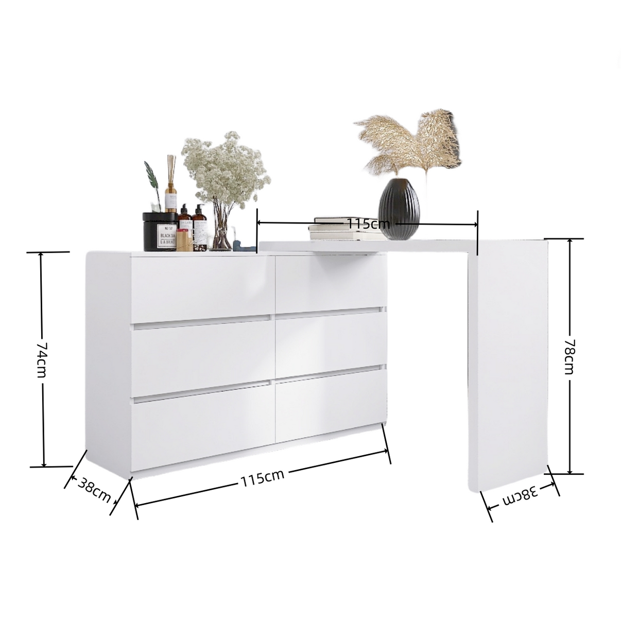 White 6-Drawer Dressing Table with Extended Top