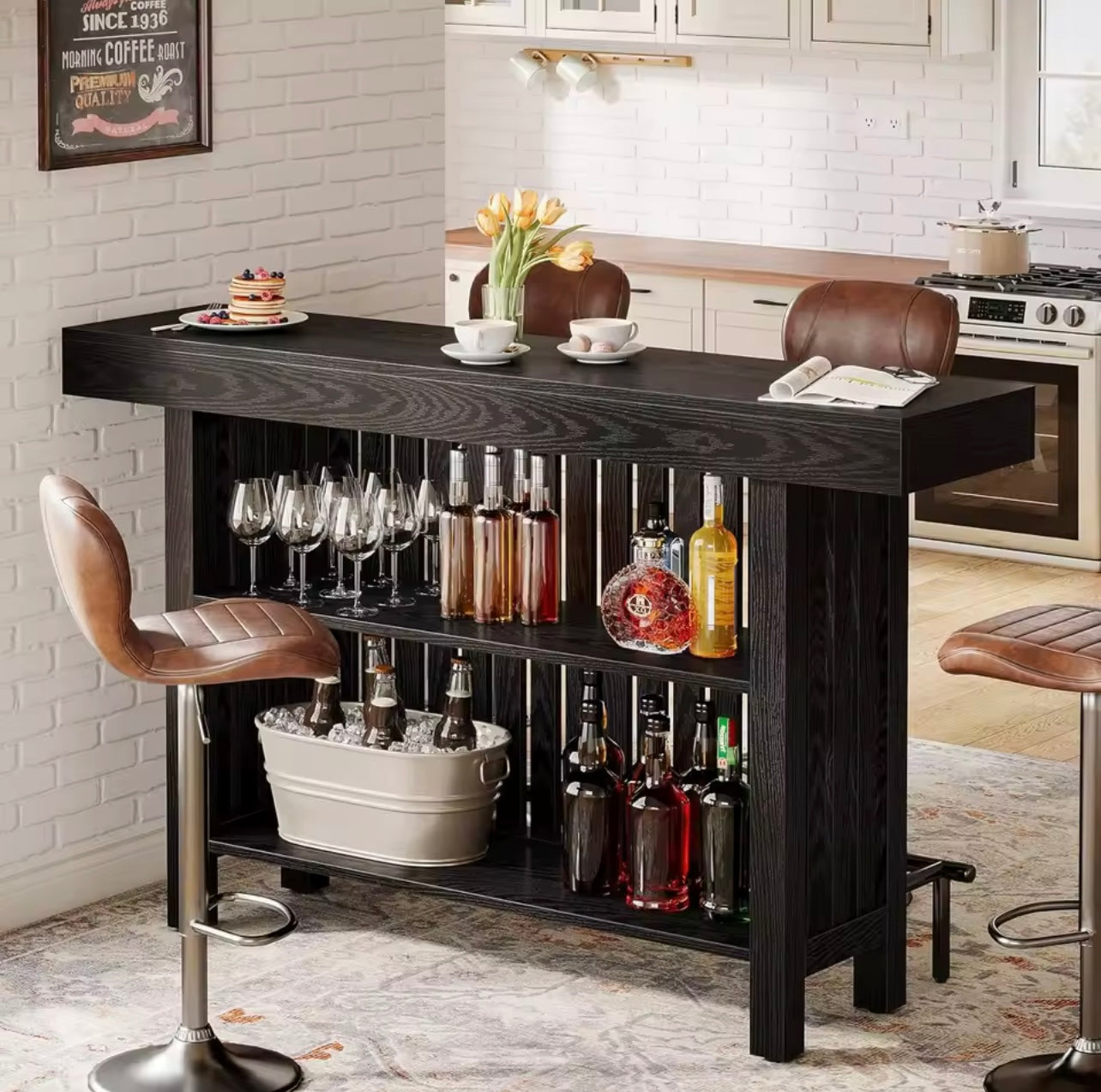 63” Modern Large Home Bar Unit with 2 Storage Shelves and Footrest
