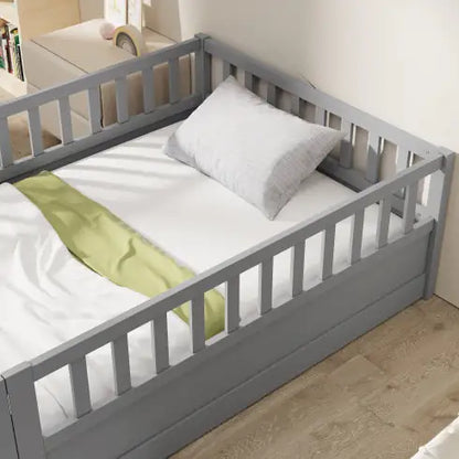 White Montessori Floor Bed, Toddler Bed with Safety Rails and Door