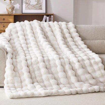 Cream White Faux Rabbit Fur Bubble Blanket 50x60