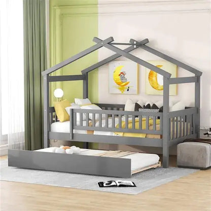 Twin Wooden House Bed with Pull Out Trundle, Kids Montessori Bed