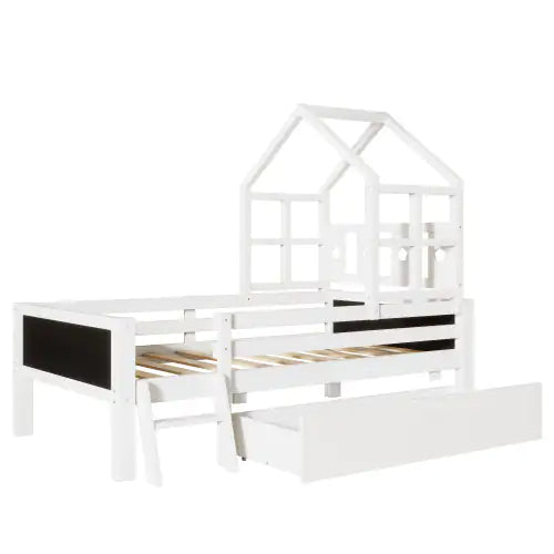 Kids House Bed with Storage Drawers & Blackboard Panels