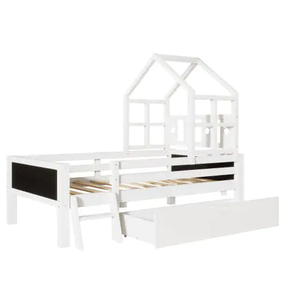 Kids House Bed with Storage Drawers & Blackboard Panels