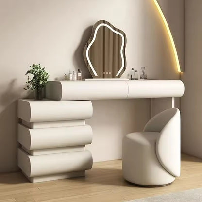 Minimalist Adjustable Luxury Vanity Table with Mirror, Drawers & Stool
