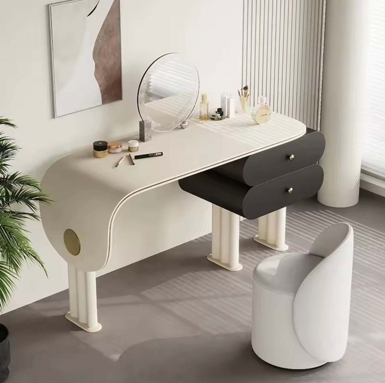 Adjustable Saddle Leather Vanity Set with Mirror & Stool