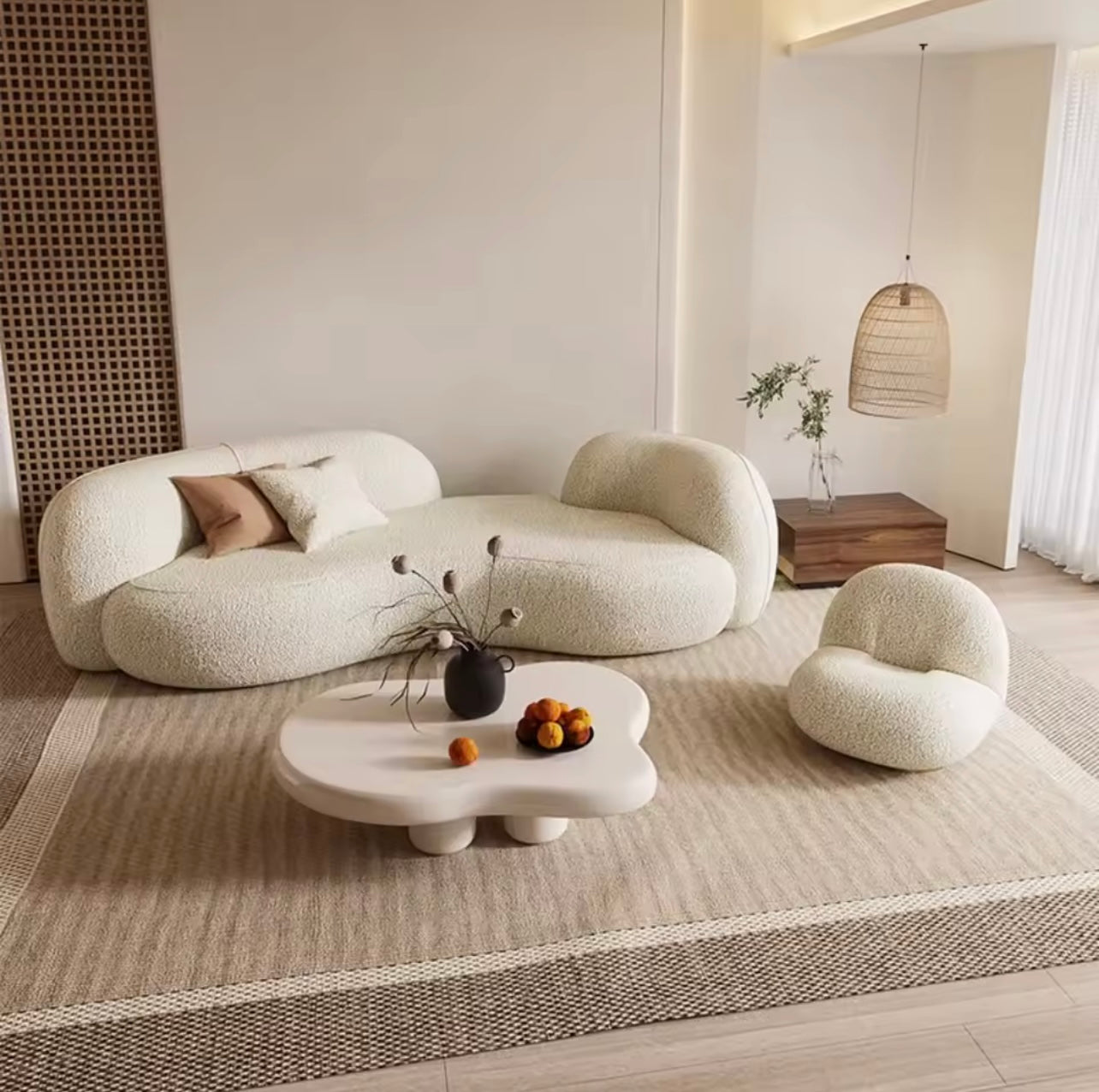 Berber Fleece Curved Sectional Sofa in Beige, Contemporary Corner Sofa