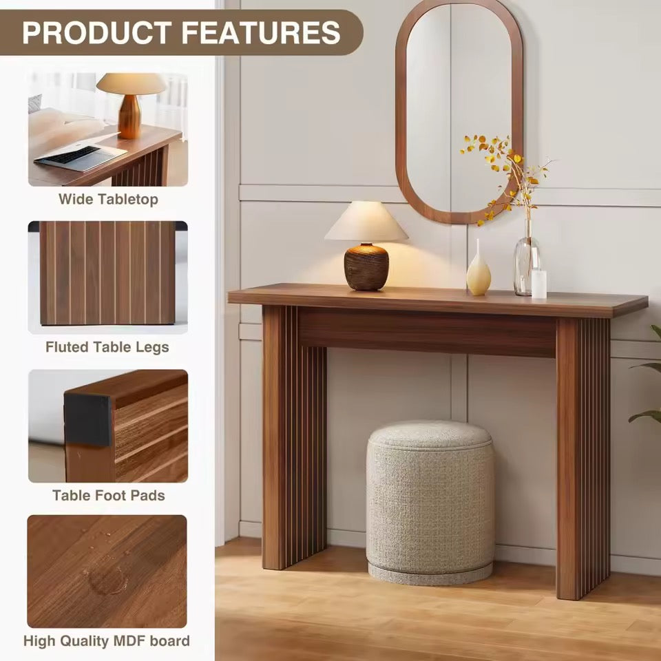 Rustic Fluted Console Table, Walnut Narrow Entryway Accent Table