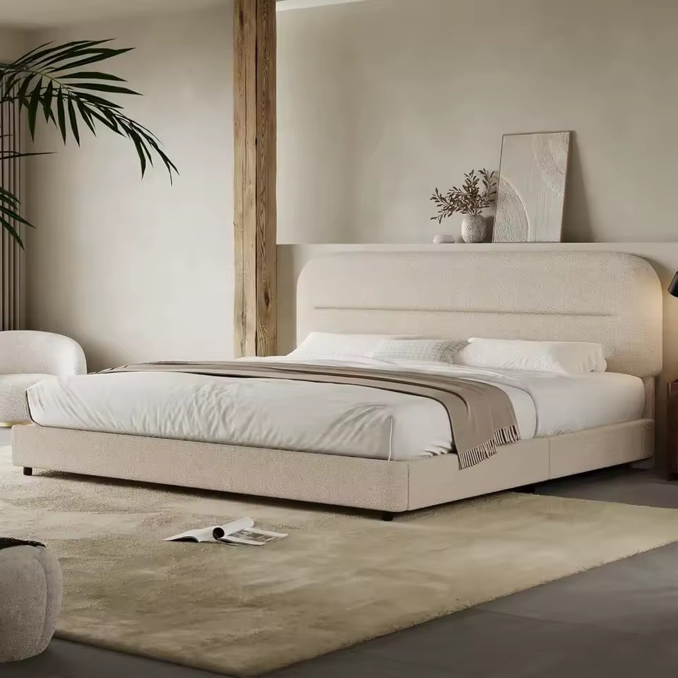 Upholstered Boucle Modern Platform Bed with Rounded Corners