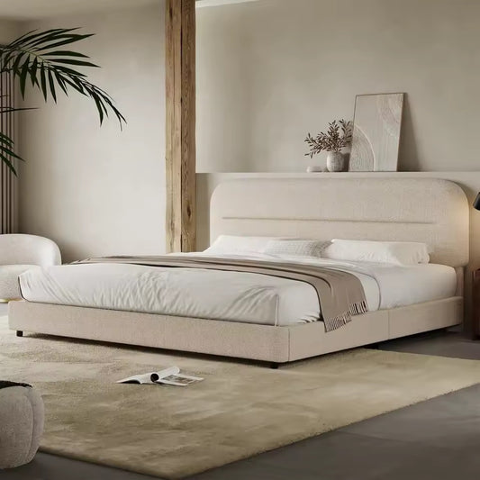 Upholstered Boucle Modern Platform Bed with Rounded Corners