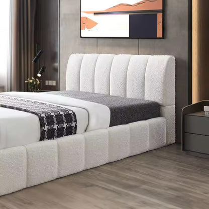Upholstered Boucle Platform Bed with Hydraulic Storage & Linen Headboard