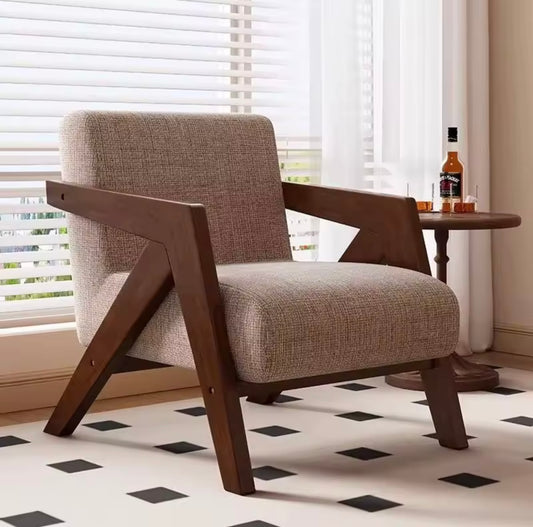 Nordic Solid Wood Armchair, Decorative Linen Single Chair