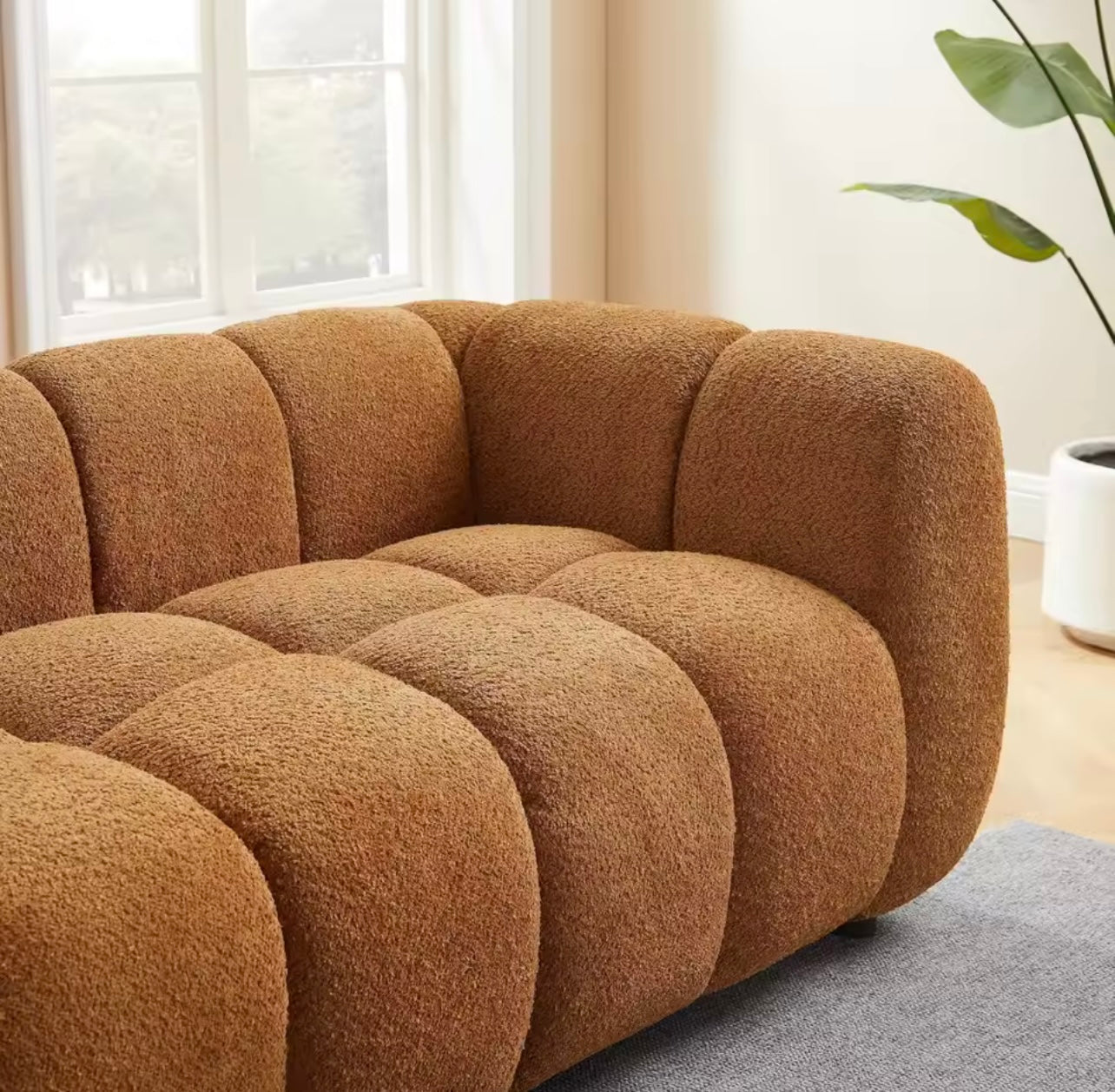 Burnt Orange Boucle Sofa, Tufted Cloud Couch, Deep Seat 3-Seater