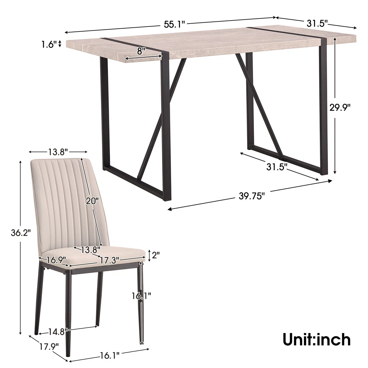 Modern Rectangular Dining Table 55” MDF Metal