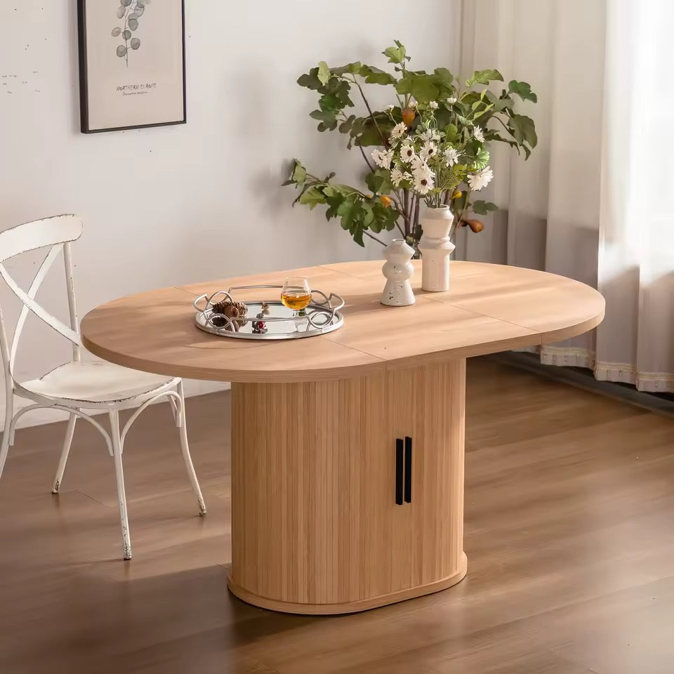 Modern Oval Wooden Dining Table with 2-Layer Storage Shelf