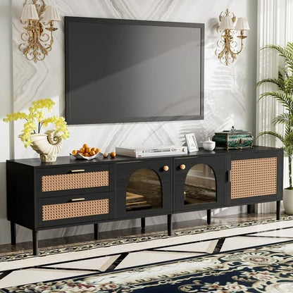 Black Rattan TV Stand with LED Lights & Storage