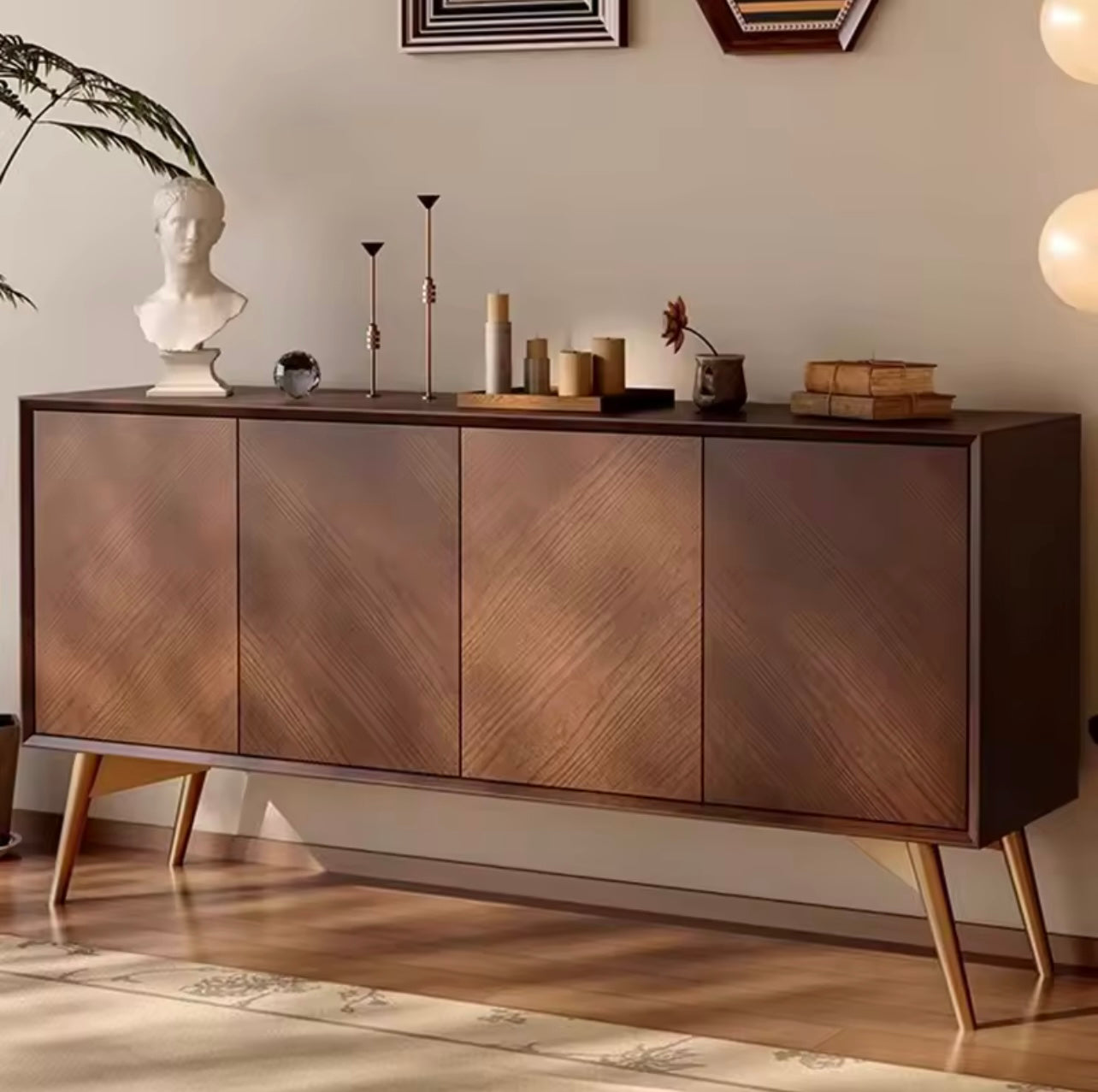 Modern Herringbone Solid Wood Sideboard with Walnut Finish