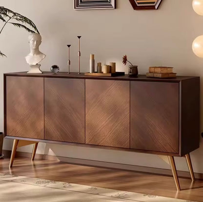 Modern Herringbone Solid Wood Sideboard with Walnut Finish