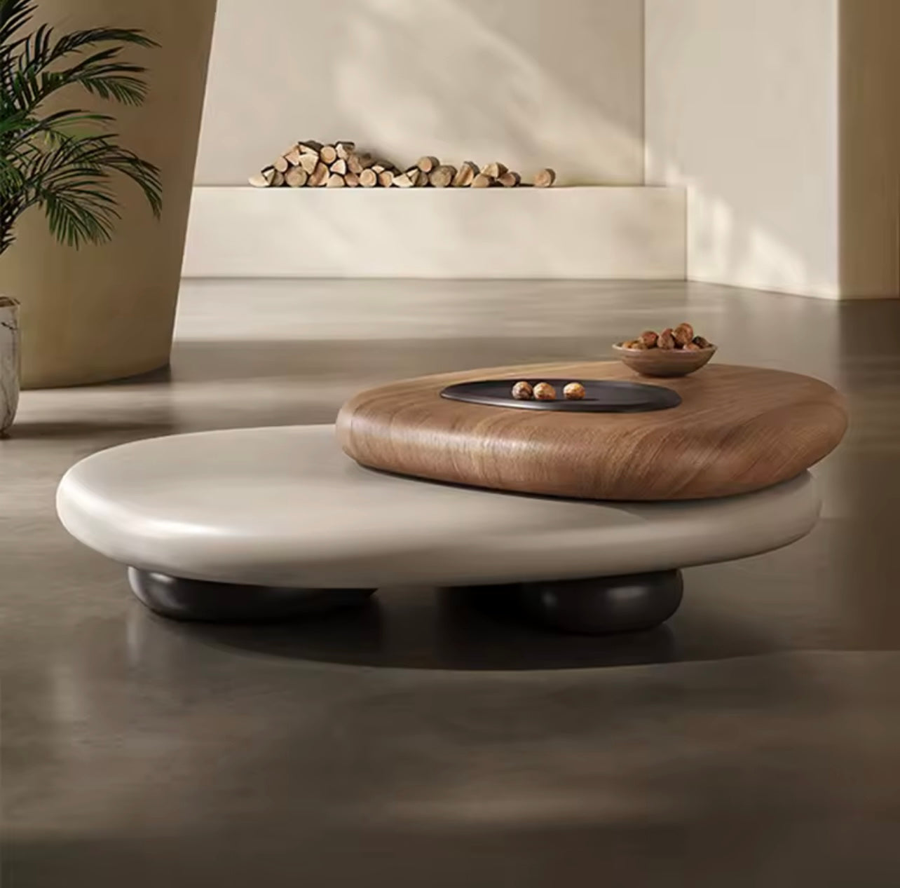Swivel Wood Coffee Table, Dual-Tier Rotating Oval Center Table