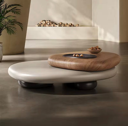 Swivel Wood Coffee Table, Dual-Tier Rotating Oval Center Table