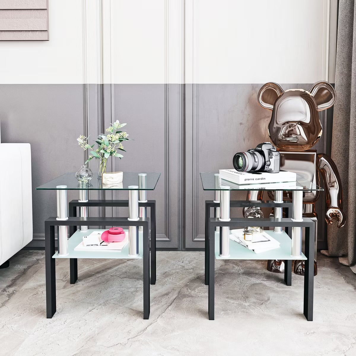 Set of 2 Black Tempered Glass Coffee Tables