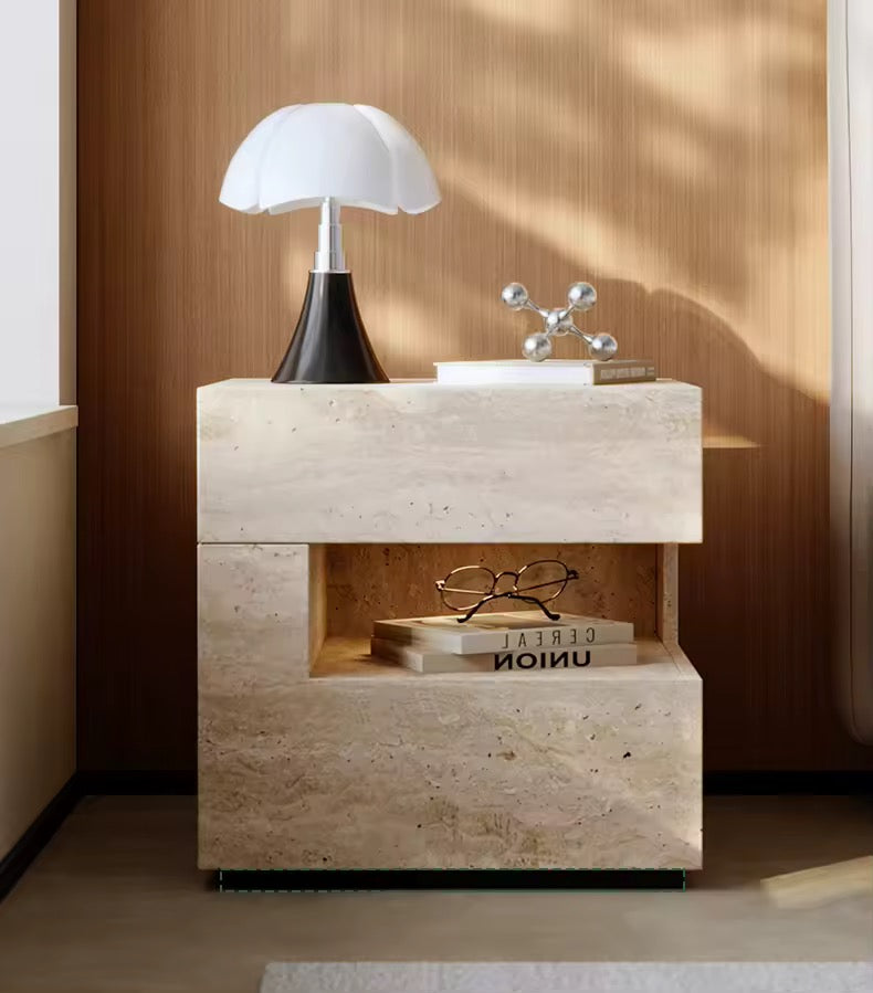 Minimalist Stone-Finish Bedside Table with Built-In Ambient Light