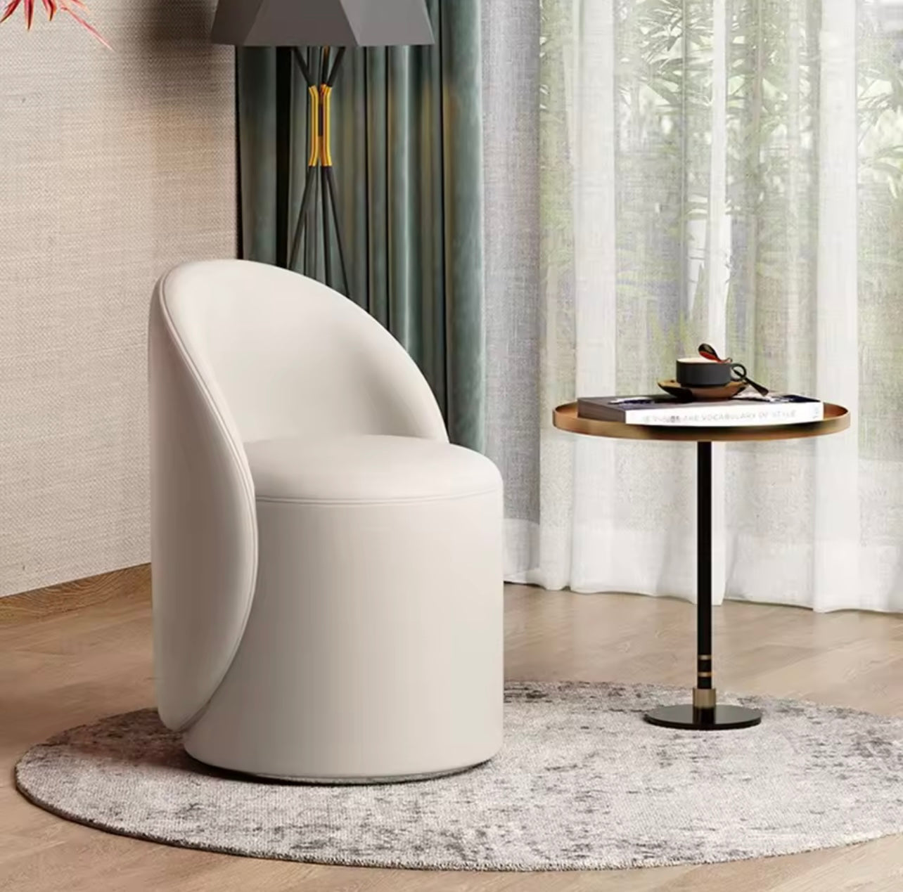 Modern Upholstered Barrel Dining Chair, 360 Degree White Swivel Chair