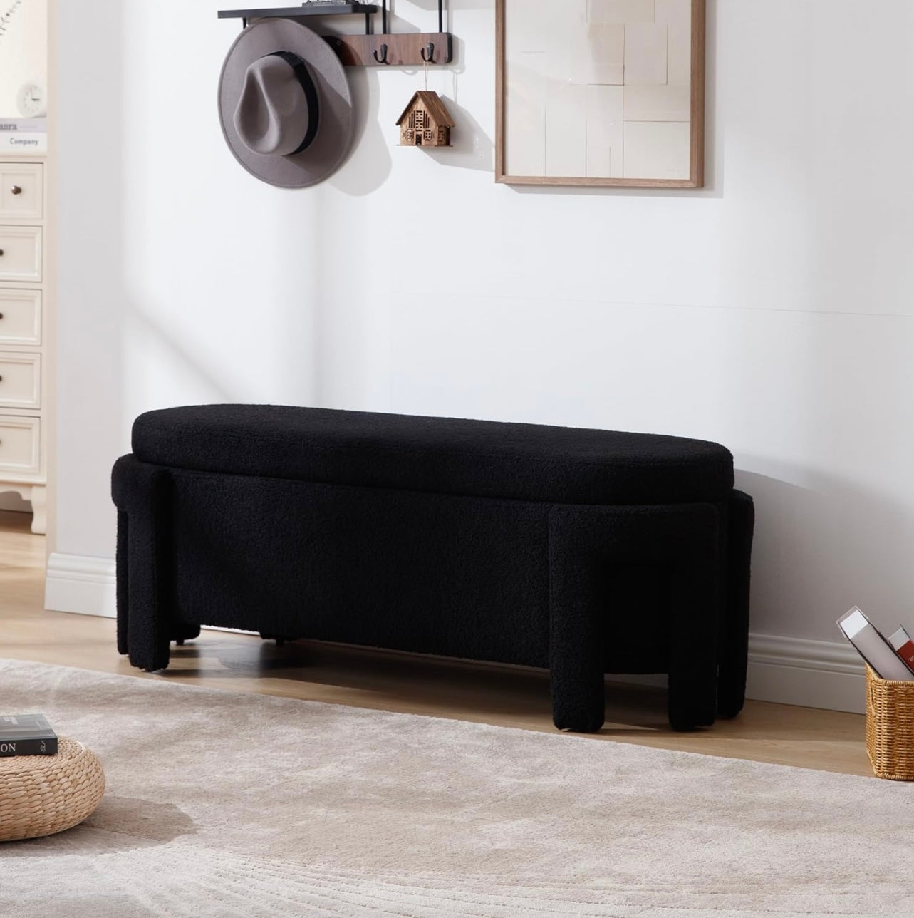 50-Inch Black Faux Fur Storage Ottoman Bench