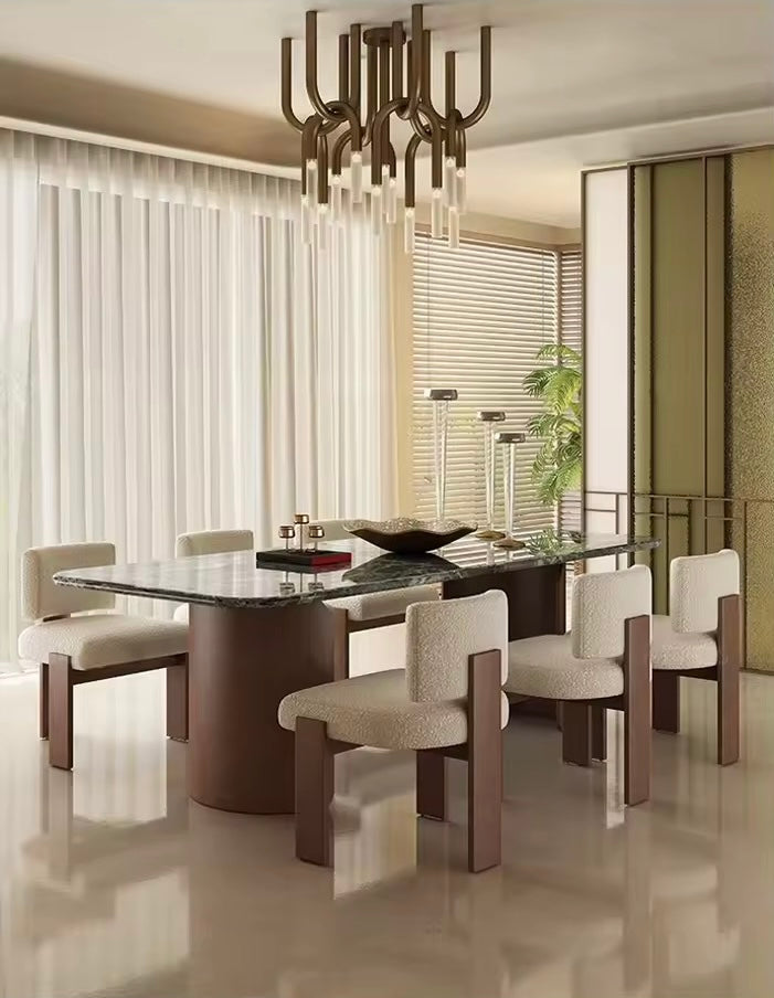 Mid-Century Travertine & Walnut Dining Table, Curved Stone Detail