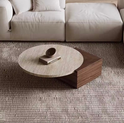Solid Wood & Roman Cave Stone Coffee Table with Rounded Corners