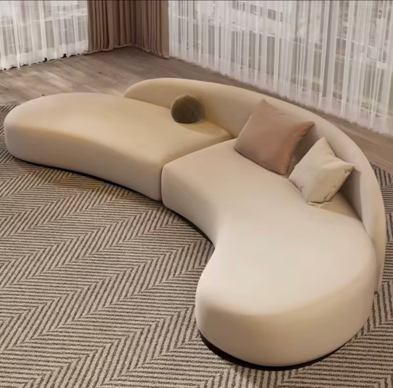 Ergonomic Curved Velvet Modular Sofa in Beige
