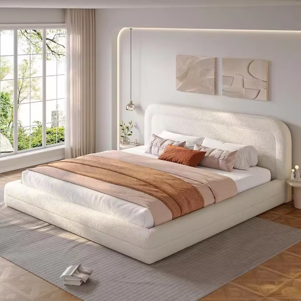 Cloud Boucle Upholstered Bed Frame with Rounded Anti-Collision Corners