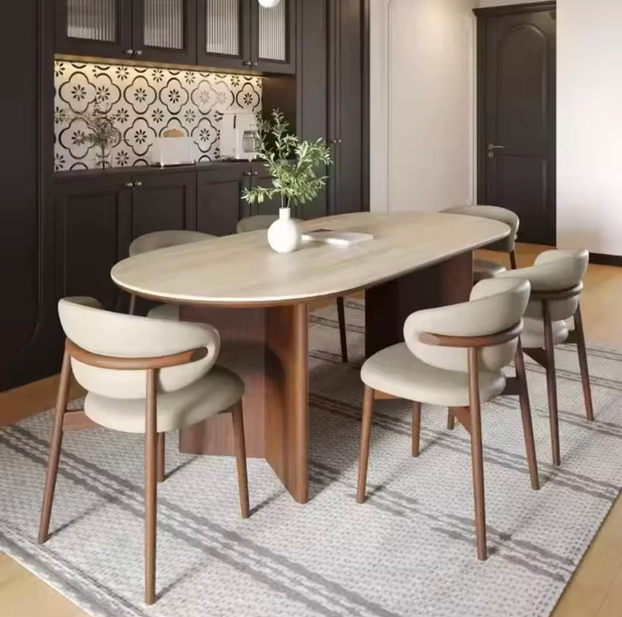 Italian Rock Slab Dining Table, Solid Wood Base and Sintered Stone Top