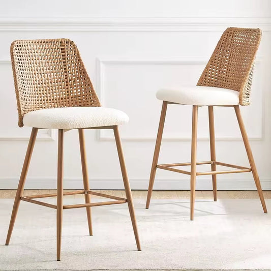 Set of 2 Mid-Century Rattan Counter Bar Stools, Boucle Upholstered Seats